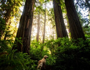 Sunlight through redwood forest with dog