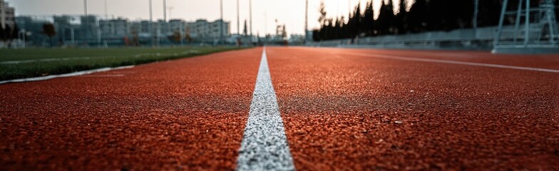 Close-up view of a running track.  The track surface is a reddish-brown and textured. A white line divides the track. Buildings and trees are visible in the background.  