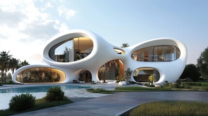 Futuristic, white, organically shaped house with large windows, a pool, and lush landscaping