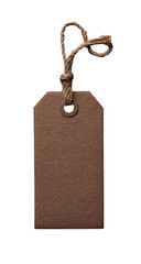 A light brown rectangular tag, tied with a beige twine loop, isolated against a black background. The tag has a small, round metal grommet