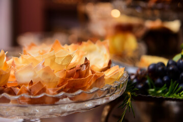 Golden baked pastry cups, crispy appetizer shells, gourmet phyllo pastry bites, elegant party finger food