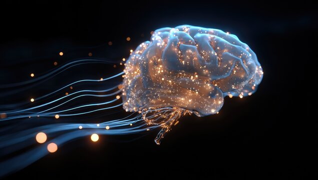 3D rendered brain, translucent, glowing, neural pathways - Powered by Adobe