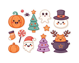 Fototapeta premium Cute christmas and halloween characters isolated on transparent background set of cartoon pumpkins, ghosts, christmas tree and santa for decoration