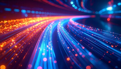 Cinematic close up of glowing fiber optic cables flowing like a digital highway, showcasing high-speed data transmission, futuristic network infrastructure, and advanced technology with dramatic light