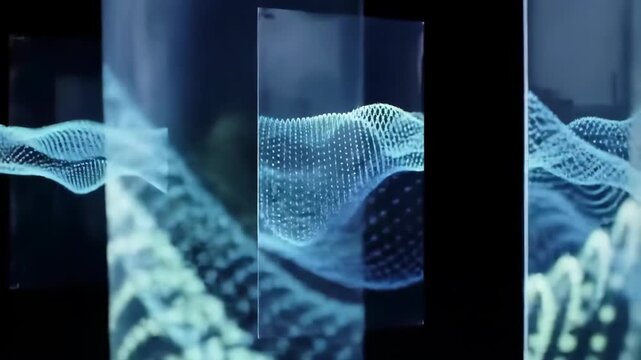 Holographic panels sliding in and peeling away with abstract data waves 