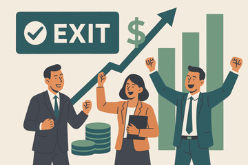 Successful Exit Strategy. Scene of successful VC exit strategy — acquisition, IPO or buyout visualized with financial uplift
