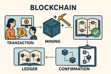 Blockchain Process Explained. Illustrated educational layout explaining blockchain steps — transaction, mining, ledger recording