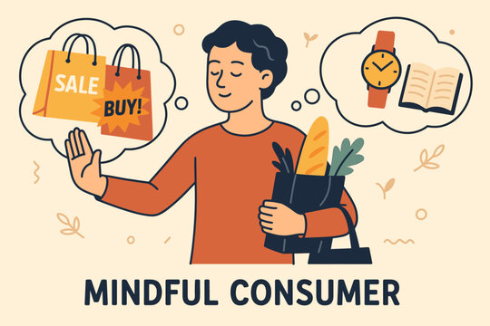 Mindful Shopping Choices. Vector illustration of mindful consumer rejecting impulse buys and choosing meaningful purchases.