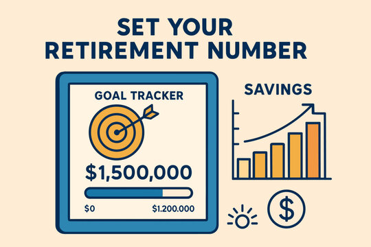 Retirement Goal Tracker. Vector art of “Set Your Retirement Number” concept — screen with goal tracker and savings milestone chart