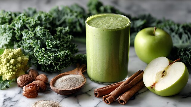 Green smoothie recipe healthy detox with kale apple cinnamon and nuts for weight loss and energy boost - Powered by Adobe