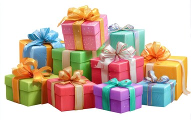 Fototapeta premium A vibrant pile of gift boxes, various colors and sizes, adorned with colorful ribbons