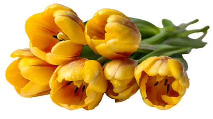 Yellow tulips with water droplets isolated on transparent background