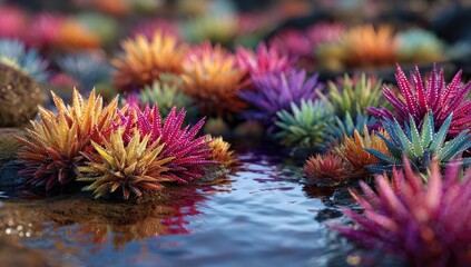 Vibrant, colorful succulent plants clustered around rocks in a shallow pool of water