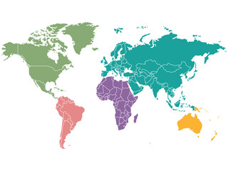 Colorful world map with countries division. Isolated vector illustration of continents in different colors.