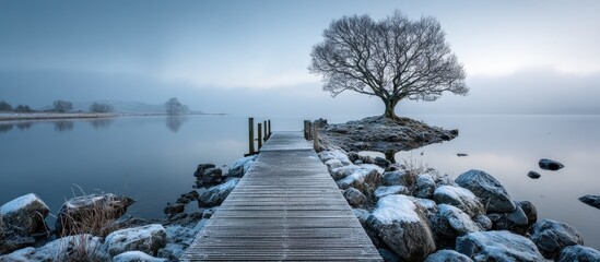 Tranquil winter lake scene with wooden dock