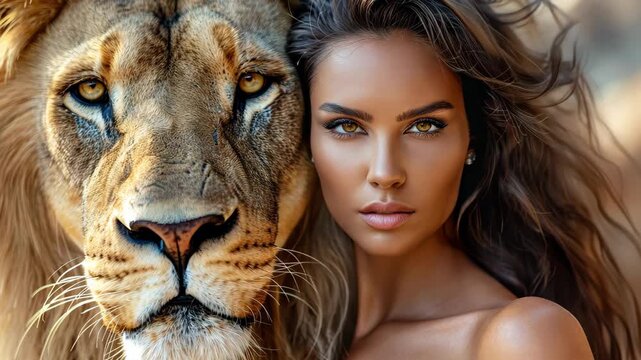 Harmony of Beauty and Majesty: A breathtaking scene unfolds as a radiant female figure and a majestic lion coexist in a mesmerizing portrait of mutual grace and strength.