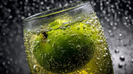 Refreshing green apple drink with bubbles in a glass close up shot for summer cocktails and beverages