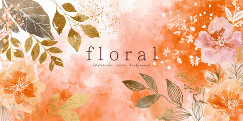 Elegant floral watercolor background with delicate flowers and leaves in warm orange and gold tones. Perfect for wedding invitations, greeting cards, posters, and branding.
