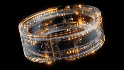 Circular, glowing circuit ring on black background.  Transparent, luminous, technological design