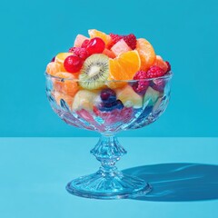 Colorful fruit salad in a crystal bowl on a vibrant turquoise background.  Fresh, juicy segments of orange, kiwi, raspberries, red currant.