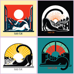 A cat illustration stretches lazily on a windowsill art design