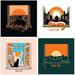 A cat illustration stretches lazily on a windowsill art design