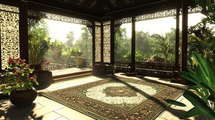 Interior view with lush greenery outside, oriental architecture, and ornate rug. Sunlight floods the scene
