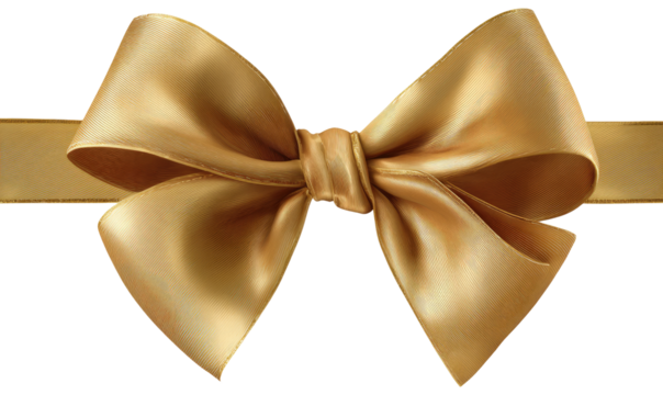 Golden ribbon bow with a wide banner.  A luxurious,  smooth, light gold bow, beautifully detailed, rests on a wide, gold ribbon