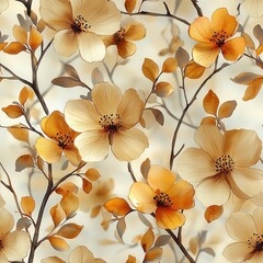 A high-definition watercolor texture background featuring a seamless pattern of soft yellow and orange flowers and leaves on delicate branches, ideal for warm, inviting designs.