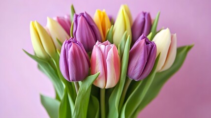 Fototapeta premium Vibrant Spring Bouquet Purple Pink Yellow Tulips