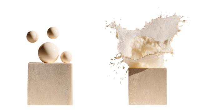 Abstract still life with light beige cubes and spheres, one showing a dynamic splash