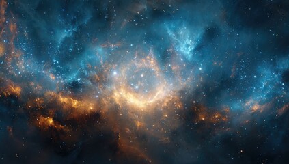 Naklejka premium Nebulae swirl in cosmic depths. Vast expanse of space, swirling clouds of vibrant blues, oranges, and yellows. Stars scattered throughout