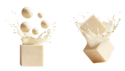 Two light beige cubes of solid soap are immersed in milk splashes