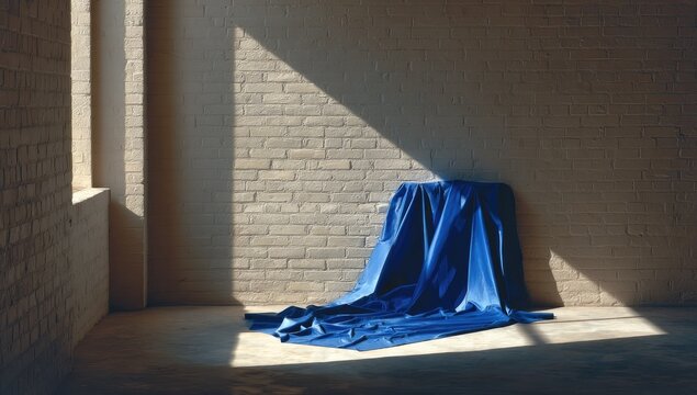 A muted blue cloth drapes a chair in a sunlit industrial space - Powered by Adobe