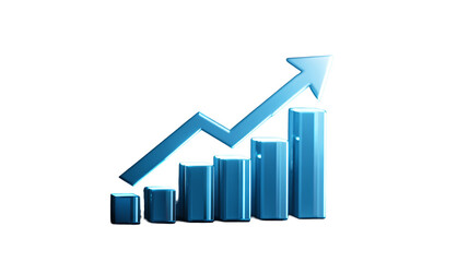 Upward trending blue bar graph with arrow symbolizing success on transparent background