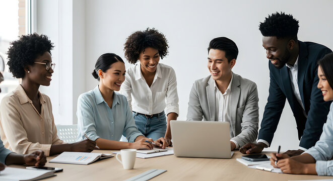 Intercultural cooperation meeting: diverse business team collaborating on global project in modern conference room. Background flat white. Copy space for text
