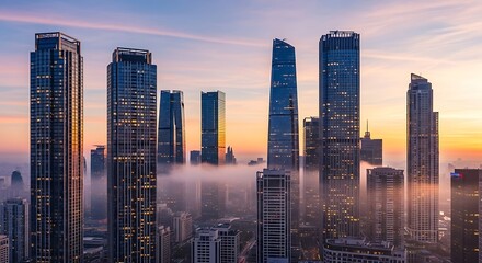 Obraz premium Cityscape view of tall buildings rising above the fog at sunrise with a colorful sky in the background