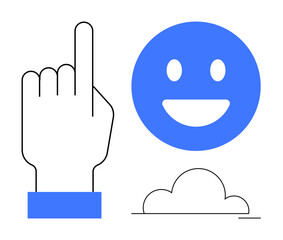 Hand pointing upward, happy face emotion with cheerful expression, and cloud icon. Ideal for communication, positivity, cloud computing, success, decision-making, simplicity and a simple landing