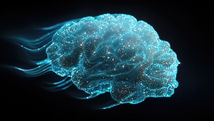 Abstract digital brain, light-blue, mesh-like, on black background