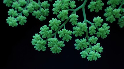 Lush green foliage with intricate details against a dark background.