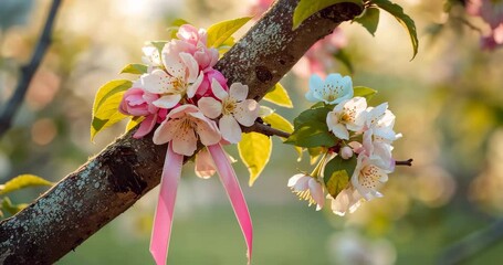 Soft breeze causing blooming tree branch swaying gently in garden, with pink ribbon - Powered by Adobe