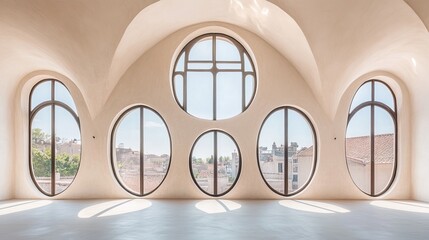 Fototapeta premium Interior with arched ceiling and uniquely shaped windows offering cityscape views, light streams in