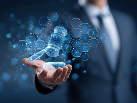 A close-up, centered image of a hand holding an open palm, featuring a holographic gavel within the digital interface Surrounding elements consist of abstract shapes and floating - AI-Generated