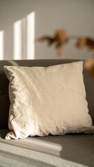 Light beige pillow on a couch in sunlight