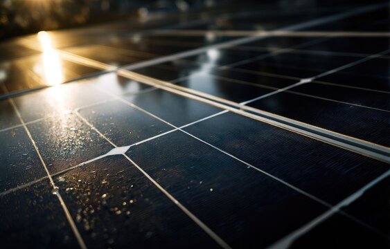 Close-up of solar panels reflecting sunlight.  Sunlight streams through water droplets on dark panels.  Detailed grid pattern