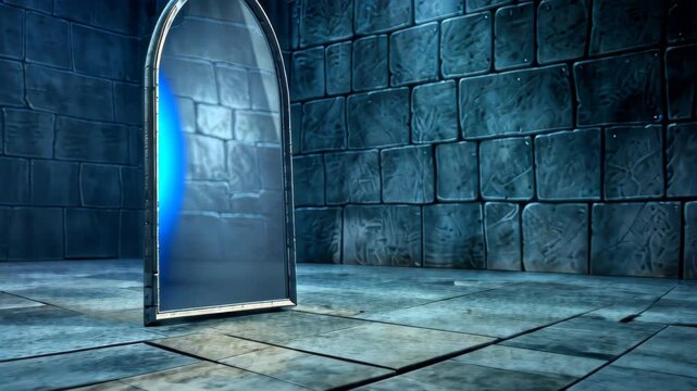 Mysterious Mirror: The cold, minimalist design of a stone chamber, the ominous presence of a tall, archaic mirror against textured stone walls. The mirror's surface casts an illusion.