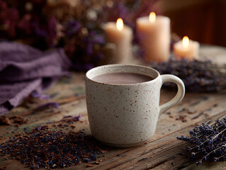 A cozy scene on a wooden table, featuring a white mug with frothy beverage possibly hot chocolate or coffee, small purple flowers, tea leaves, and candles in the background Soft ligh - AI-Generated