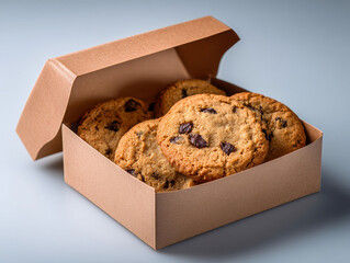 A cardboard box filled with fresh chocolate chip cookies, each with visible chocolate chips, on a light-colored surface in an indoor setting - AI-Generated