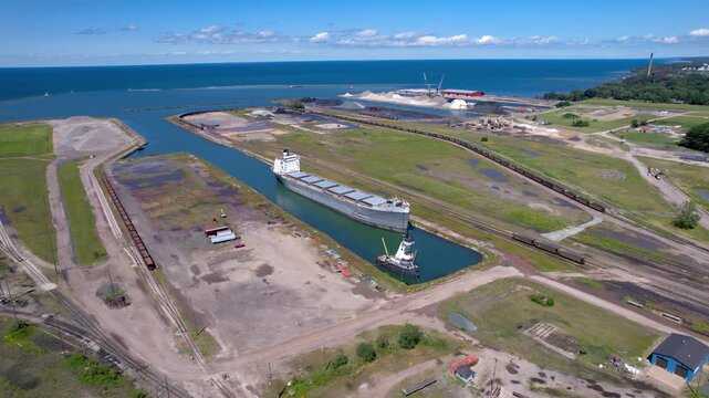 Aerial view of Ashtabula city port and industrial area in Ohio, USA.