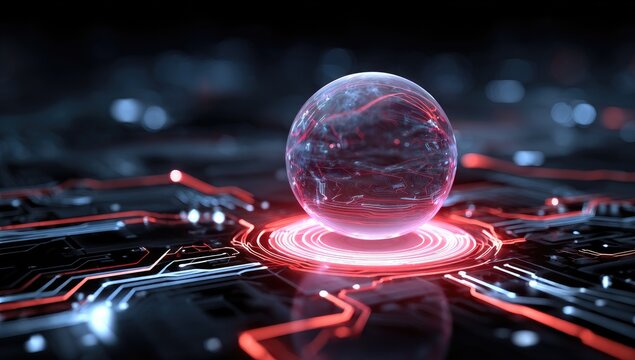 A glowing, transparent sphere rests on a circuit board.  Red light trails around it.  Dark background - Powered by Adobe